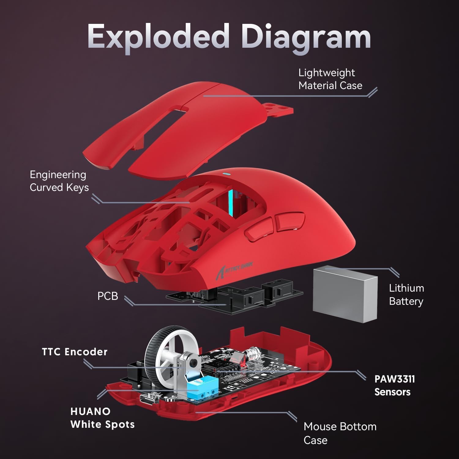 ATTACK SHARK X11 Ultra-Light WHITE / RED / BLACK / Magnetic Charging Stand – Image 15